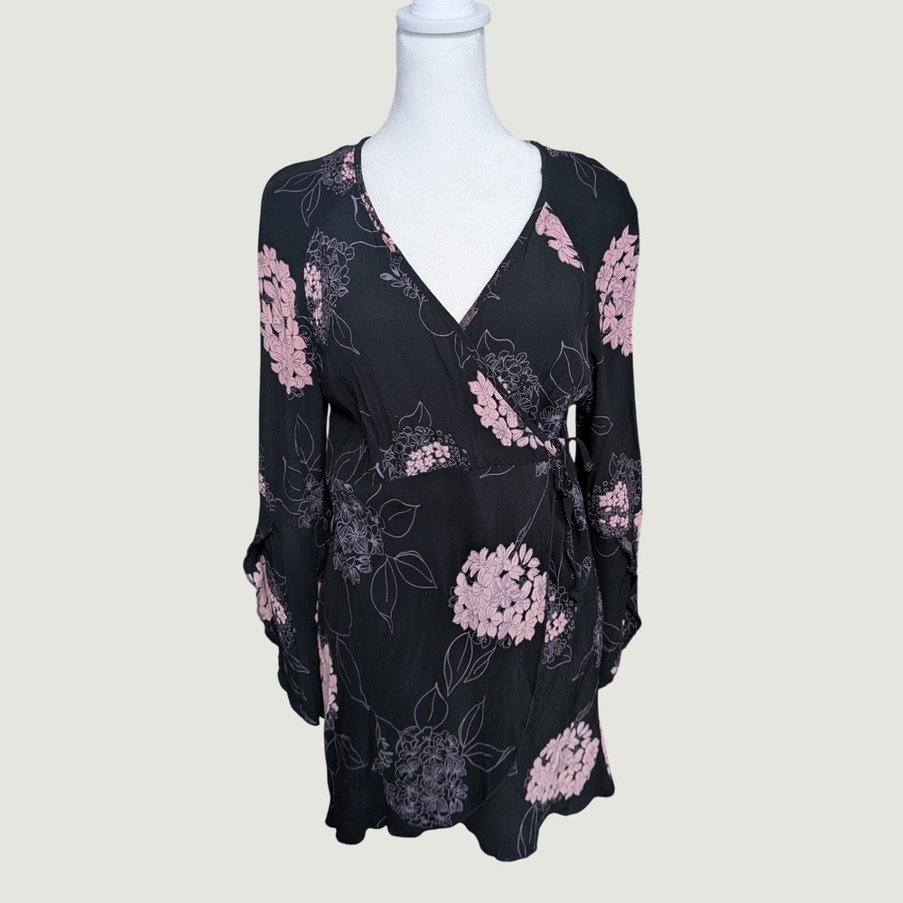 Taillissime Whimsigoth Boho Black Pink Floral Wrap Mini Dress Bell Sleeve Medium